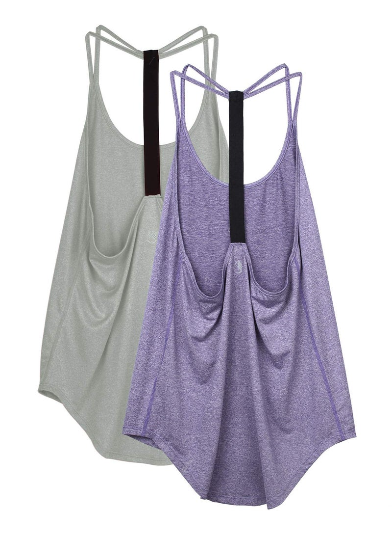 icyzone Workout Tank Tops for Women - Athletic Yoga Tops, T-Back Running Tank Top(Pack of 2) (S, Grey/Violet) - Image 1
